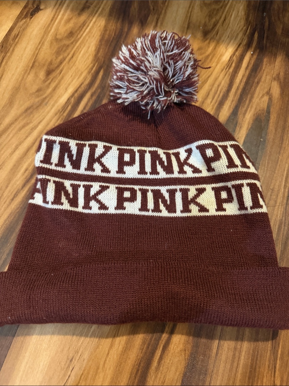 PINK Knit Pom Beanie - Maroon and Cream